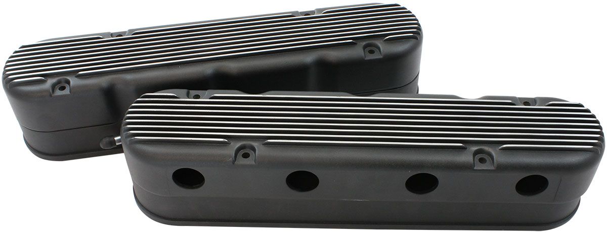 GM LS 2 Piece Retro Finned Valve Cover Set, Black Finish