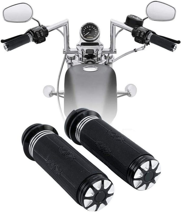 Attitude Inc Handlebar Hand Grips, Black CNC Machined/ Rubber Gel Grip, 1 in, Handlebar, For Harley Touring Breakout Dyna, Pair