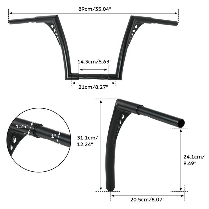 Attitude Inc Bonanza Handlebar, Black Powder Coat 12 Inc , 1-1/4 in. Ape Hangers, For Harley Softail Sportster Fat Boy Dyna