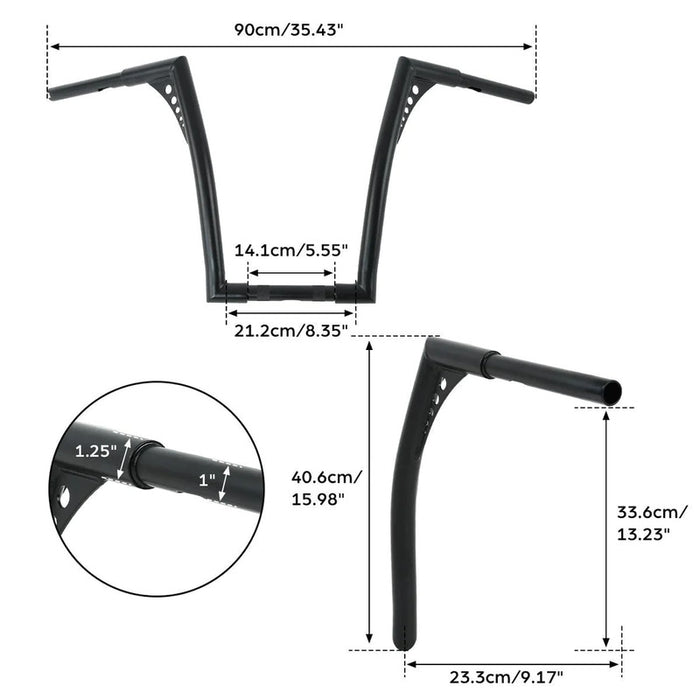 Attitude Inc Bonanza Handlebar, Black Powder Coat 16 Inc , 1-1/4 in. Ape Hangers, For Harley Softail Sportster Fat Boy Dyna