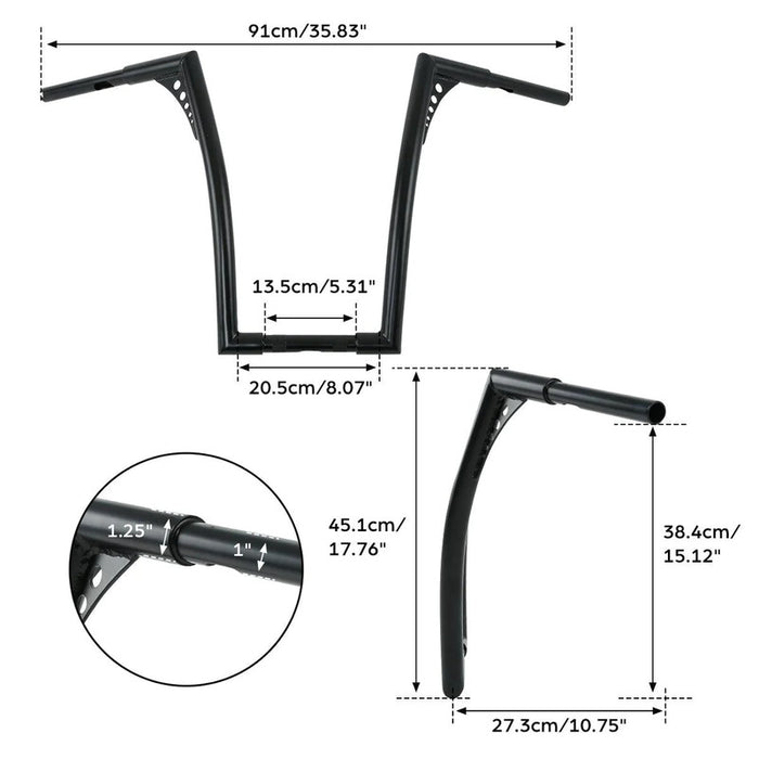 Attitude Inc Bonanza Handlebar, Black Powder Coat 18 Inc , 1-1/4 in. Ape Hangers, For Harley Softail Sportster Fat Boy Dyna