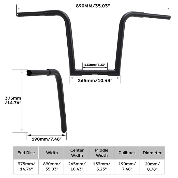 Attitude Inc Hefty Bars 14" Rise 1-1/4 Dia ,Handlebars, Matt Black Powder coat For Harley , Ape Hangers, each