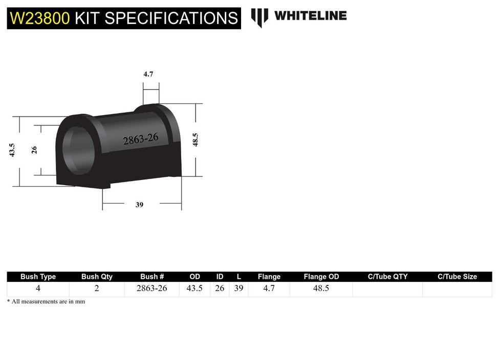 Front Sway Bar Mount - Bushing Kit 26mm to Suit Holden Commodore VE, VF and HSV