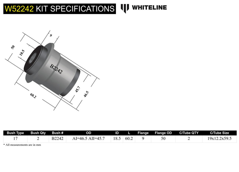 Front Control Arm Lower - Inner Rear Bushing Single Offset Kit to Suit Holden Vectra JR, JS