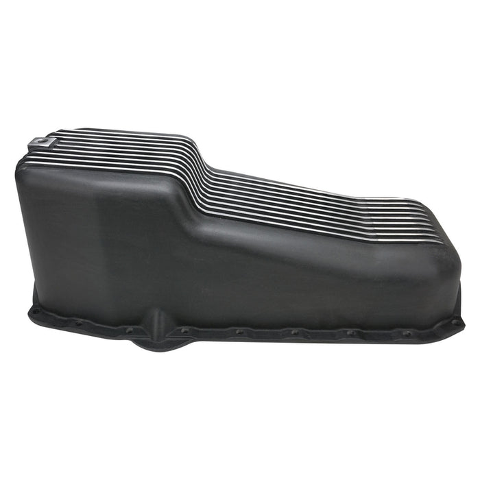 RTS Oil Pan, Cast Aluminum, Machined Finned, Black 4 qt., SB Chev Passanger Side Dip Stick