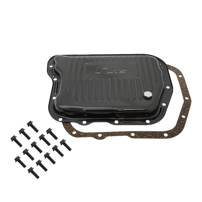 RTS Transmission Pan, Stock Depth, Steel, Ribbed Black Powdercoat, For Chrysler, Torqueflite A-727, Each