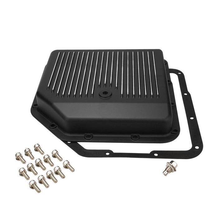 RTS Transmission Pan, Cast Aluminium, Stock Depth Black, Machined Finned, Chev For Holden TH350