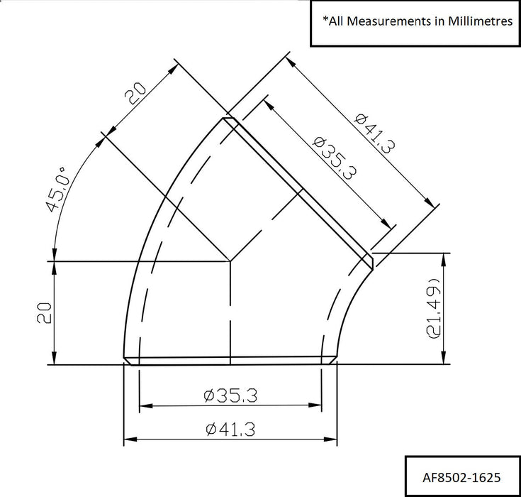 Aeroflow 1-5/8" (42mm) Steam Pipe Tube, 45 Degree Bend, 1.5D Radius (AF8502-1625)