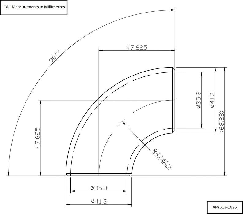 Aeroflow 1-5/8" (42mm) Steam Pipe Tube, 90 Degree Bend, 1.5D Radius (AF8513-1625)