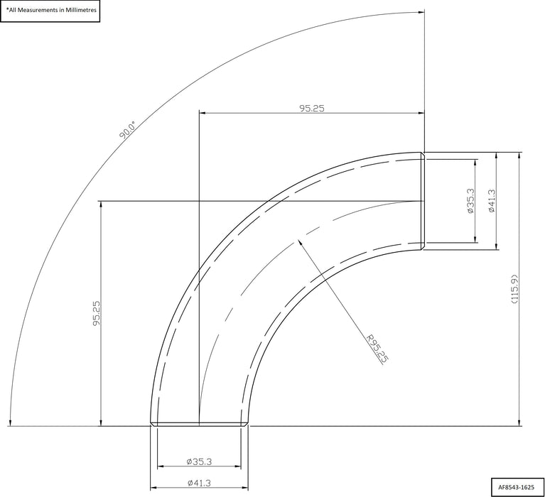 Aeroflow 1-5/8" (42mm) Steam Pipe Tube, 90 Degree Bend, 3.0D Radius (AF8543-1625)