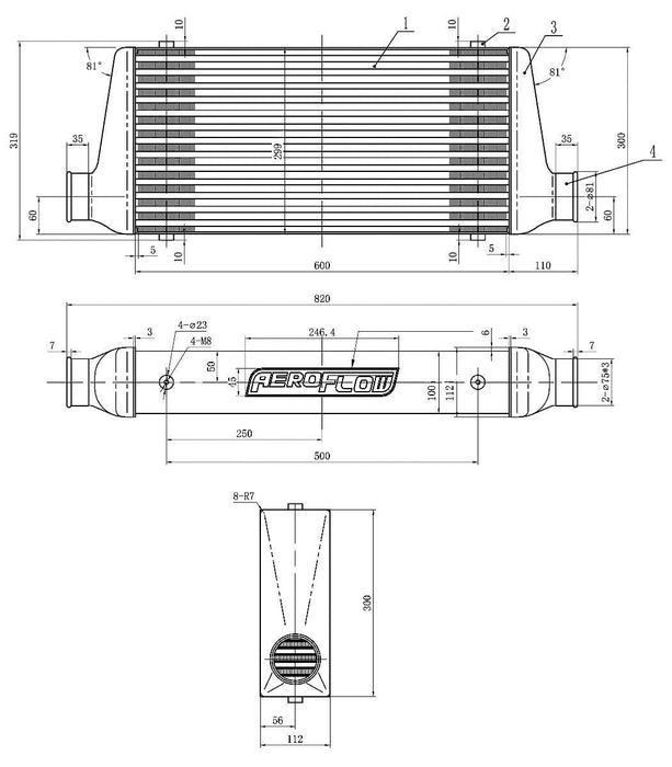 600x300x76mm Street Series Aluminium Intercooler, Black Finish AF90-1000BLK