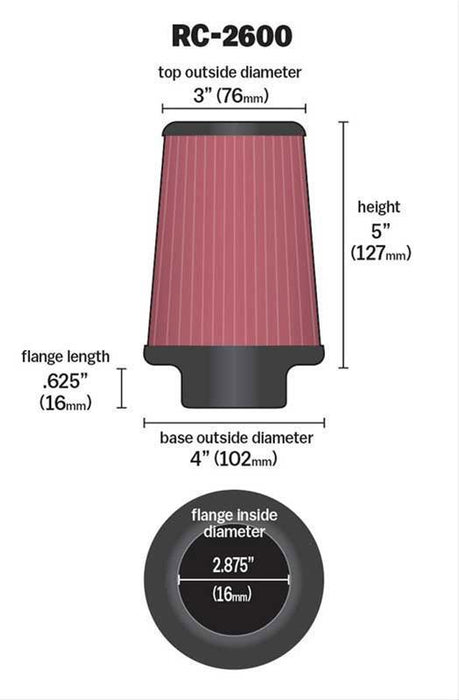 K&N Universal Clamp On Filter Fits 2.875 in (73 mm) KNRC-2600