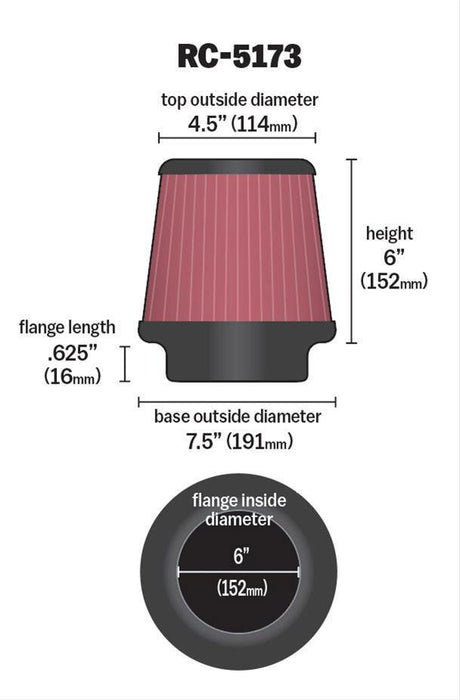 K&N Universal Clamp On Filter Fits 6 in (152 mm) KNRC-5173