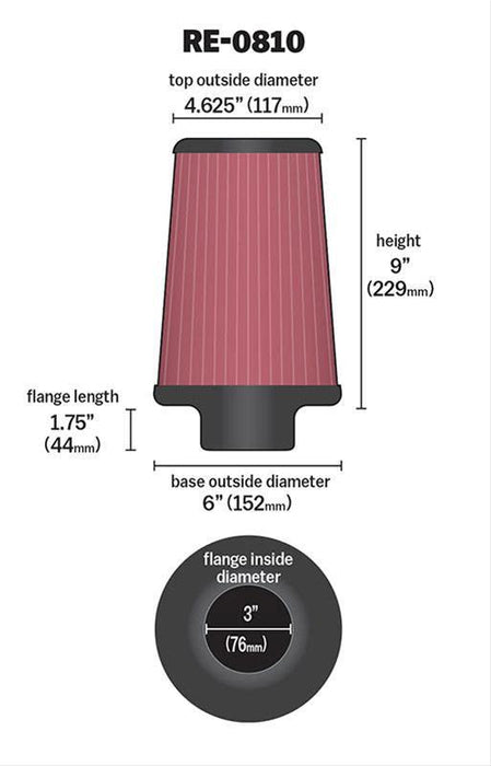 K&N Universal Clamp On Filter Fits 3 in (76 mm) KNRE-0810