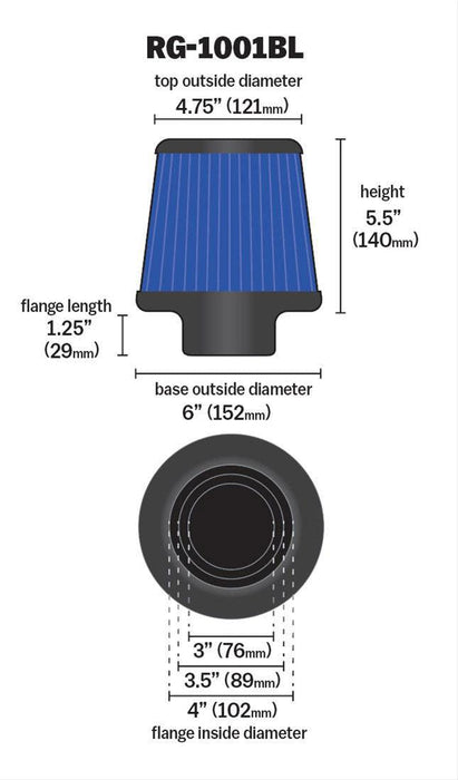 K&N Universal Clamp On Filter Blue Fits 4 in (102 mm) KNRG-1001BL