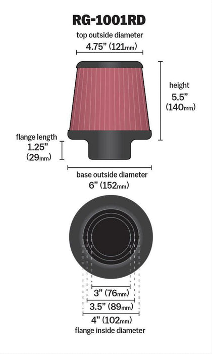 K&N Universal Clamp On Filter Red Fits 4 in (102 mm) KNRG-1001RD