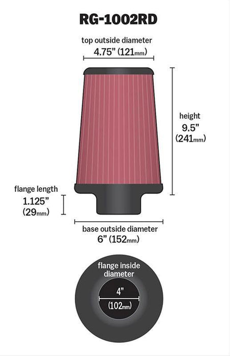 K&N Universal Tapered Clamp On Filter With Universal Flage Inserts KNRG-1002RD