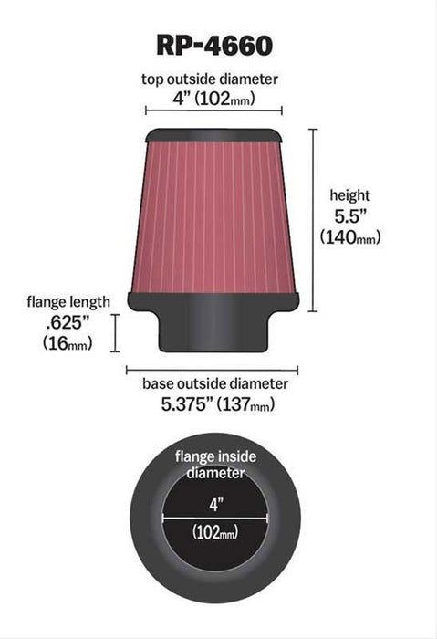 K&N Universal Clamp On Filter Fits 4 in (102 mm) KNRP-4660