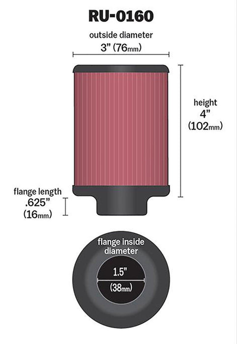 K&N Universal Clamp On Filter Fits 1.5 in (38 mm) KNRU-0160