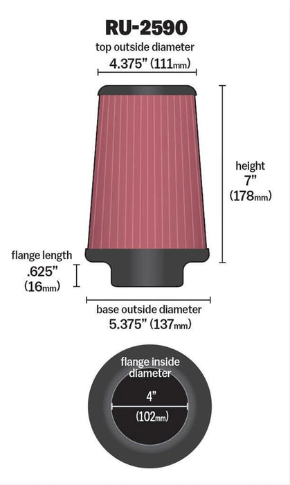 K&N Universal Clamp On Round Tapered Filter Fits 4 in (102 mm) KNRU-2590