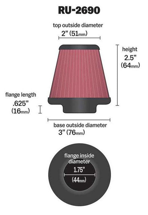 K&N Universal Clamp On Filter Fits 1.75 in (44 mm) KNRU-2690