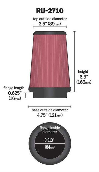 K&N Universal Clamp On Round Tapered Filter Fits 3.313 in (84 mm) KNRU-2710