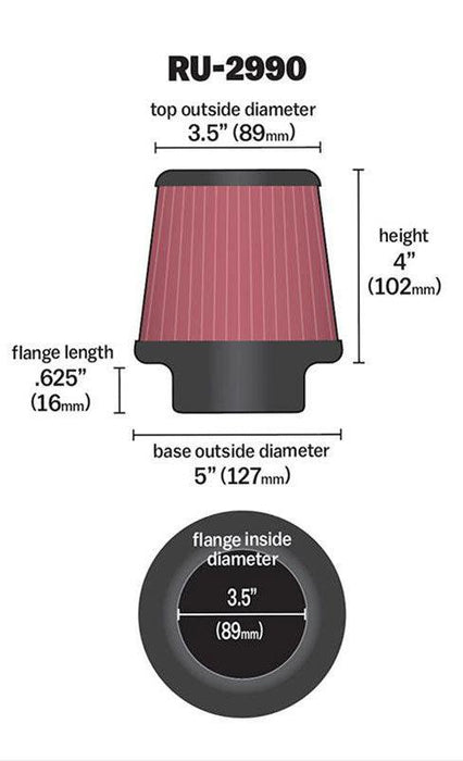 K&N Universal Clamp On Filter Fits 3.5 in (89 mm) KNRU-2990