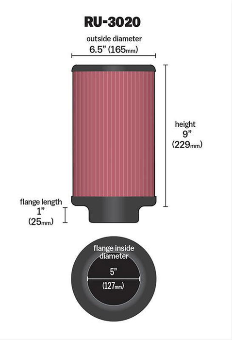 K&N Universal Clamp On Filter Fits 5 in (127 mm) KNRU-3020