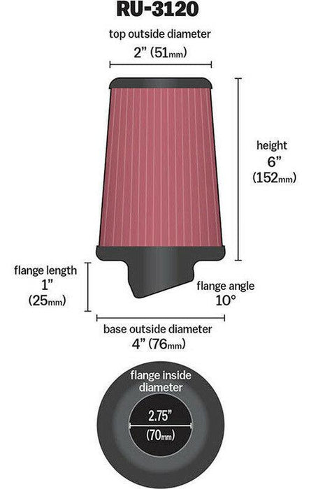 K&N Universal Clamp On Filter Fits 2.75 in (70 mm) KNRU-3120