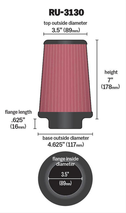 K&N Universal Clamp On Filter Fits 3.5 in (89 mm) KNRU-3130