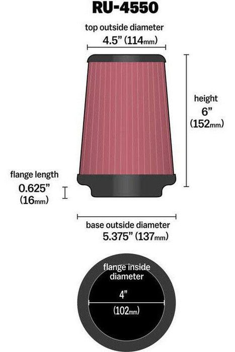 K&N Universal Clamp On Filter Fits 4 in (102 mm) KNRU-4550