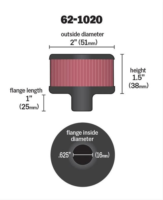 K&N Push-In Vent Filter 2 OD x 1-1/2 H KN62-1020