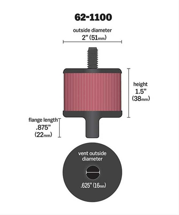 K&N Push-In Vent Filter 2 OD x 1-1/2 H KN62-1100