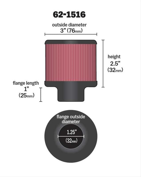 K&N Push-On Vent Filter 3 OD x 2-1/2 H KN62-1516