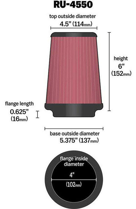 K&N Universal Clamp On Filter Fits 4 in (102 mm) KNRU-4550