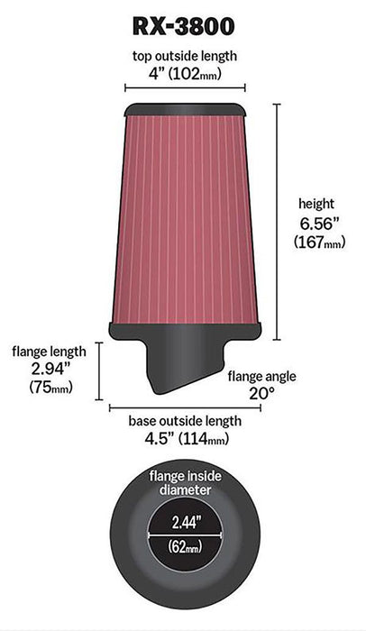 K&N X-Stream Universal Clamp On Filter Fits 2.438 in (62 mm) KNRX-3800