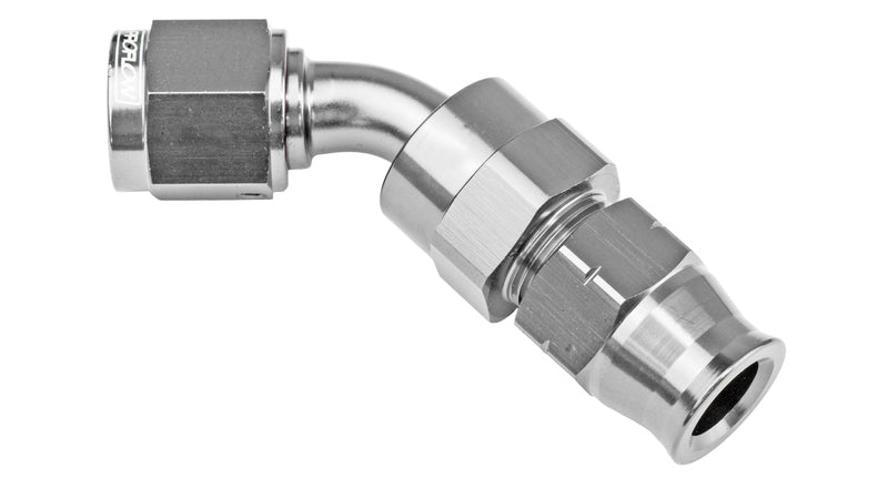 Proflow 5/16in. Tube 45 Degree To Female -06AN Hose End Tube Adaptor, Silver