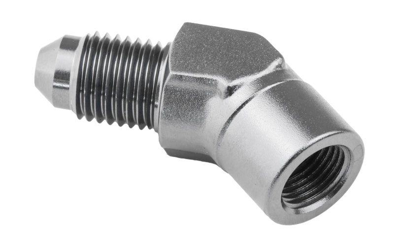 Proflow Female Adaptor 45 Degree Adaptor 1/8in. NPT To Male -03AN, Silver