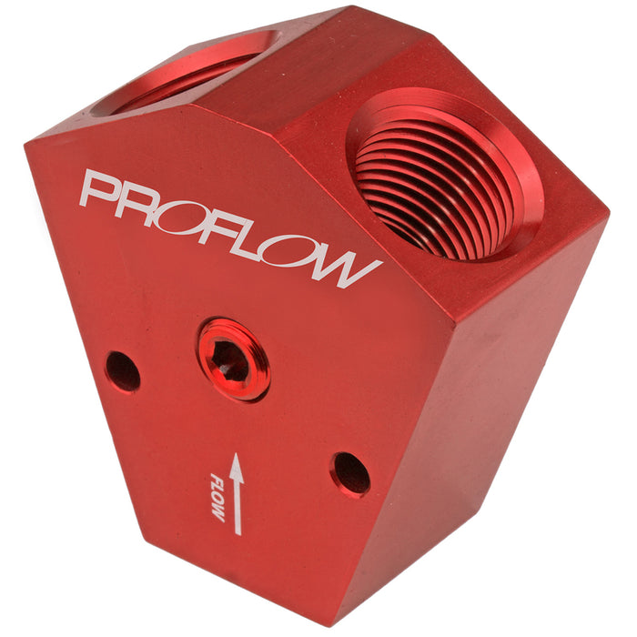 Proflow Fuel Block, Y-Type, Billet Aluminium, Red Anodised, 3/8 in. NPT Female Inlet, 3/8 in. NPT Female Outlets, 1/8in. NPT Gauge Port