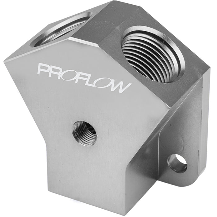 Proflow Billet AN Fuel Block -10AN In -10AN Out w/1/8in. NPT Port, Silver