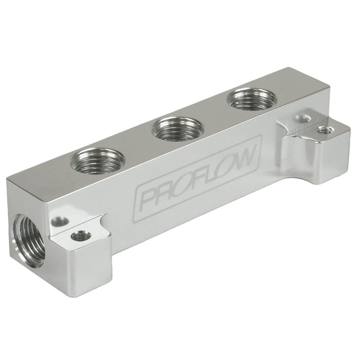 Proflow Fuel Block Log -06AN Side Ports & 3 x -06AN Ports, Silver