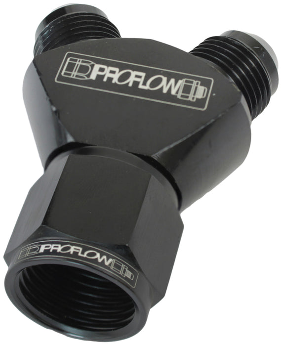 Proflow Y-Block -08AN Female Swivel To Dual -06AN Male, Black