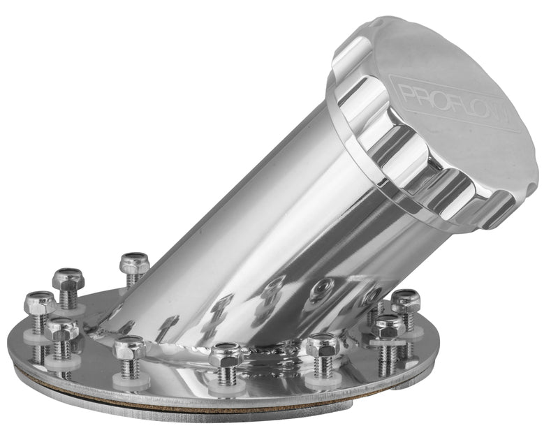 Proflow Fuel Filler Neck Aluminium Polished, 45 Degree, 60mm Diameter Neck, 12-Bolt Flange, Each