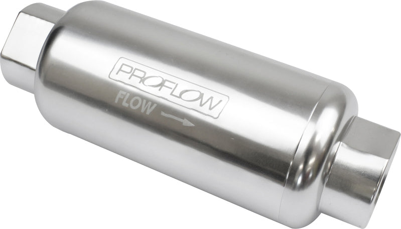 Proflow Fuel Filter, Inline Mount,  10 Microns, Billet Aluminium, Silver Anodised, 140mm length -10 AN Inlet/Outlet