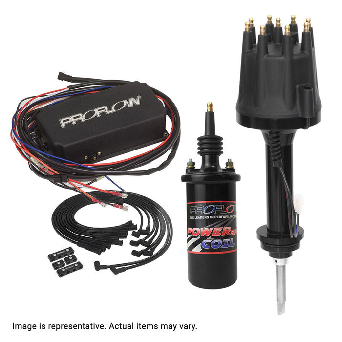 Proflow Ignition Combo Kit, Pro Series Billet Distributor, Pro Lead Wires 8.8mm, Ignition CDI 6AL, Striker Coil SB For Ford 302-351 Cleveland