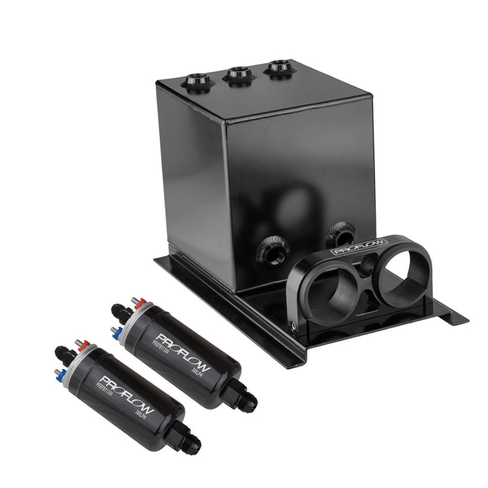 Proflow Fuel Surge Tank & Pump Kit Fabricated Aluminium Square, 2x 044 Pumps, 200mm x 200mm x 180mm, 5L, Black Anodised