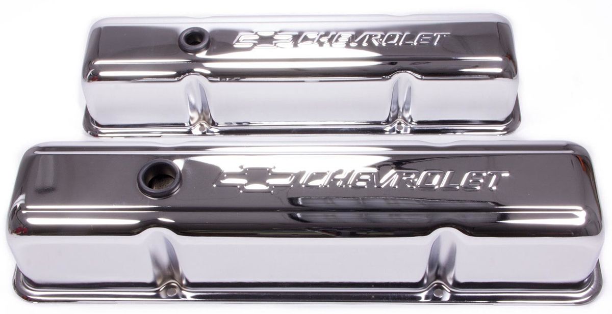 Stamped Valve Covers with Chevrolet Logo (Tall Style with Baffle) Chrome PR141-1