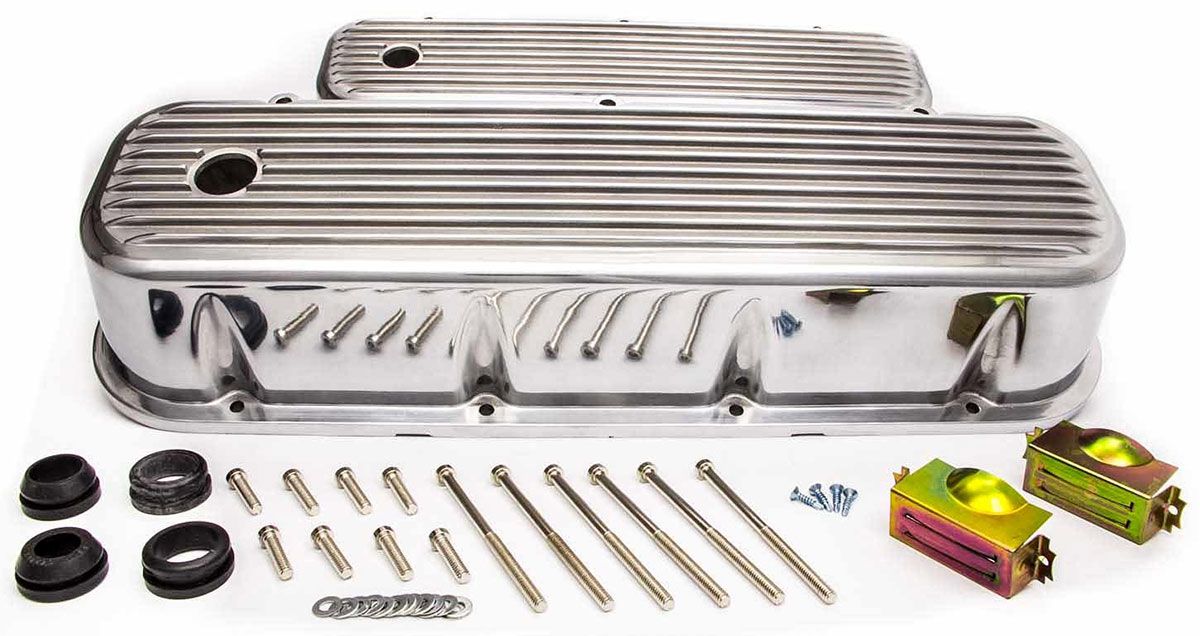 Polished Aluminium Tall (4") Nostalgic Finned Valve Covers (Baffled) with Breath