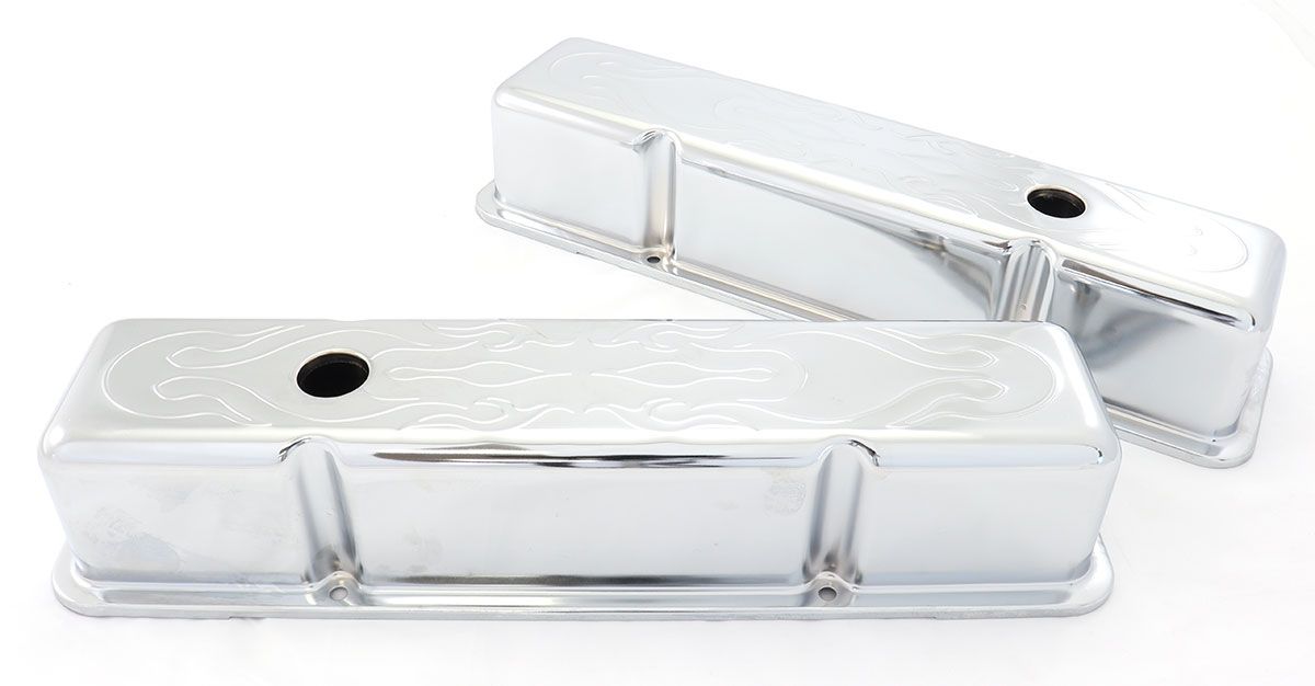 Tall Chrome Steel Valve Covers Flame Style RPCR8215