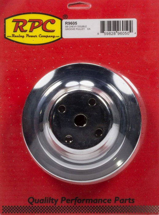 Chrome Steel Water Pump Upper Pulley, Double Groove 6.30" Dia, 2.30" Bolt Circle